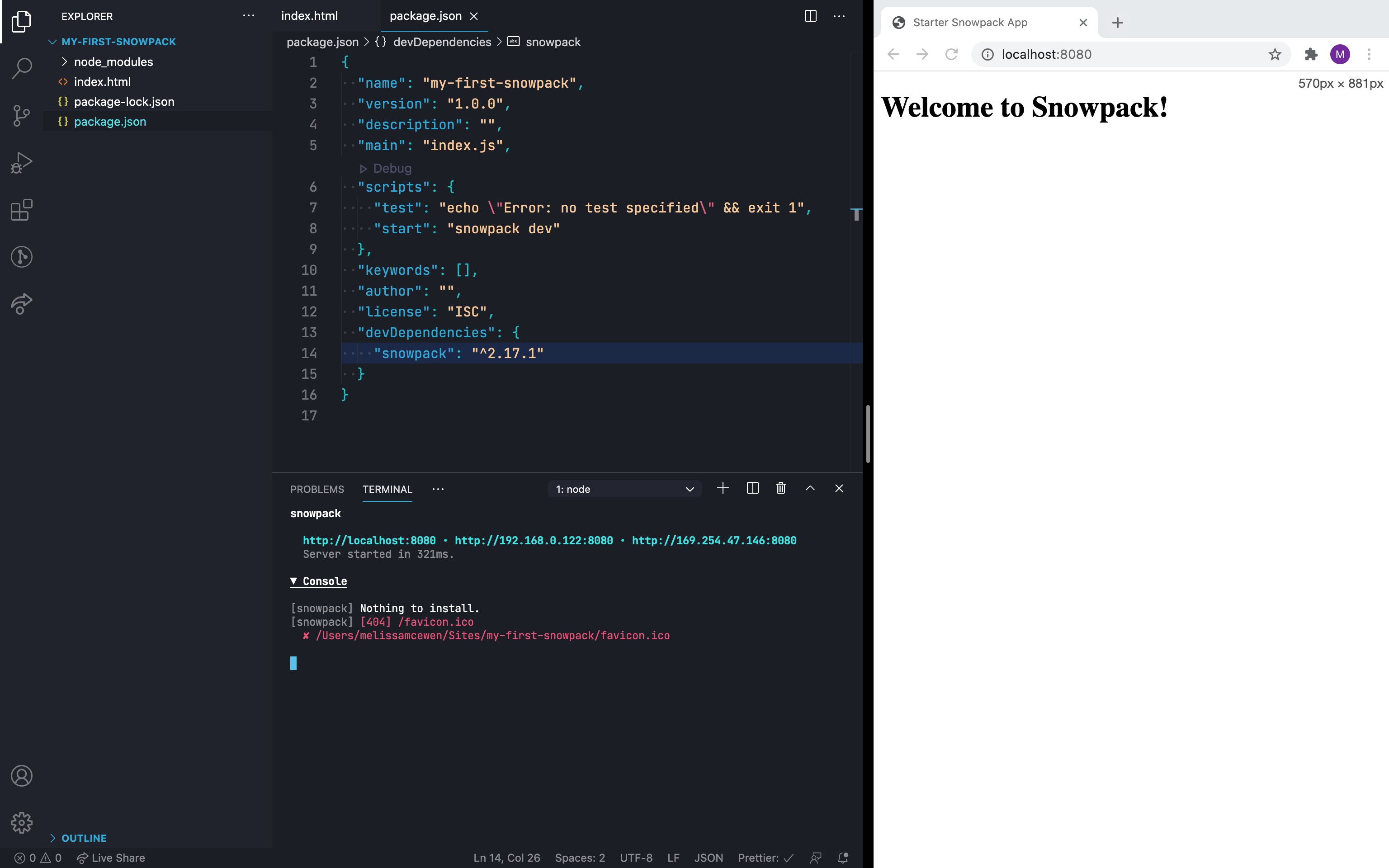 Side by side of the terminal showing the dev server output. The dev server output displays the localhost address the project is running on. In a browser window you can see the running project on localhost, which is 'Welcome to Snowpack' on a white background.